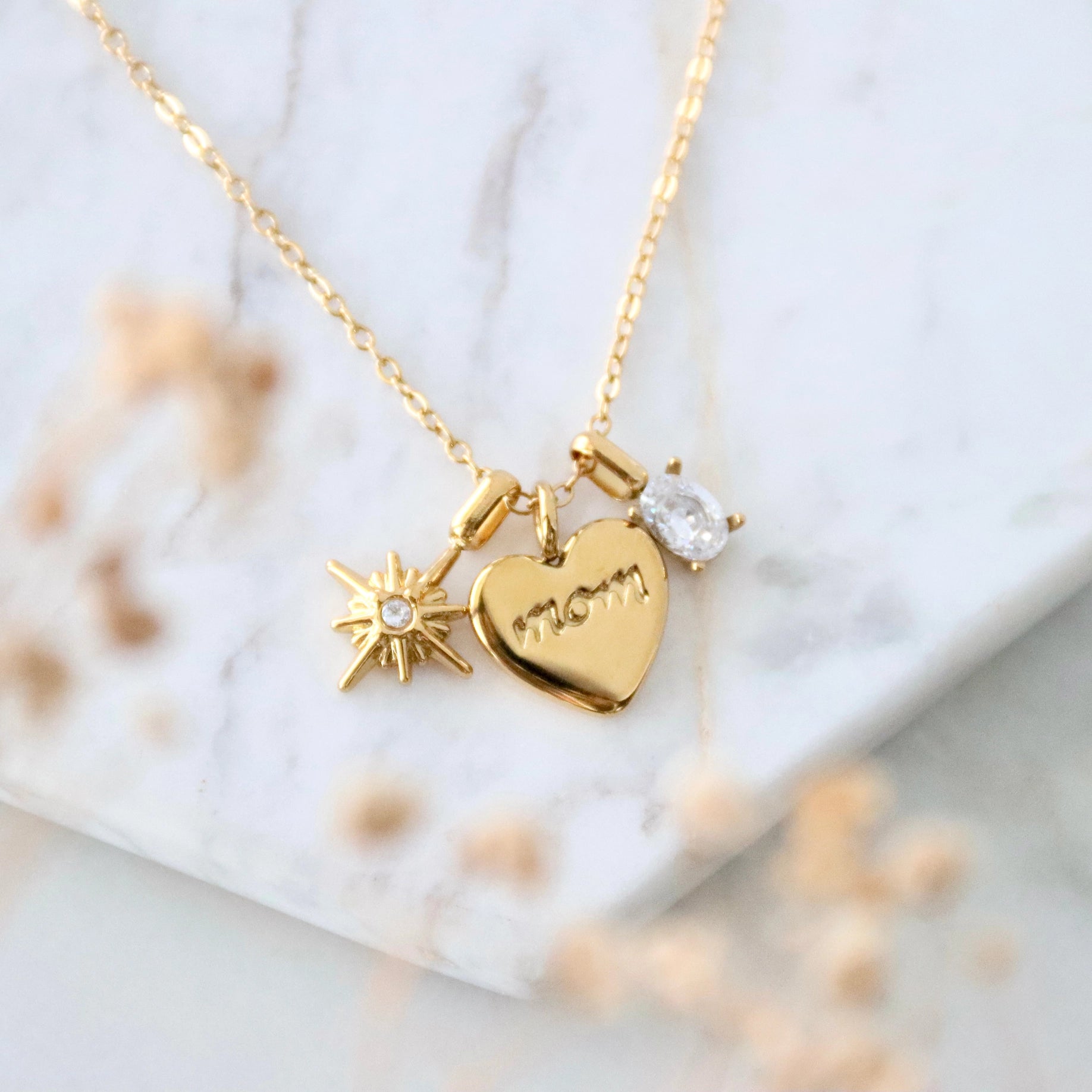 Mom Charm Necklace with Heart & Starburst